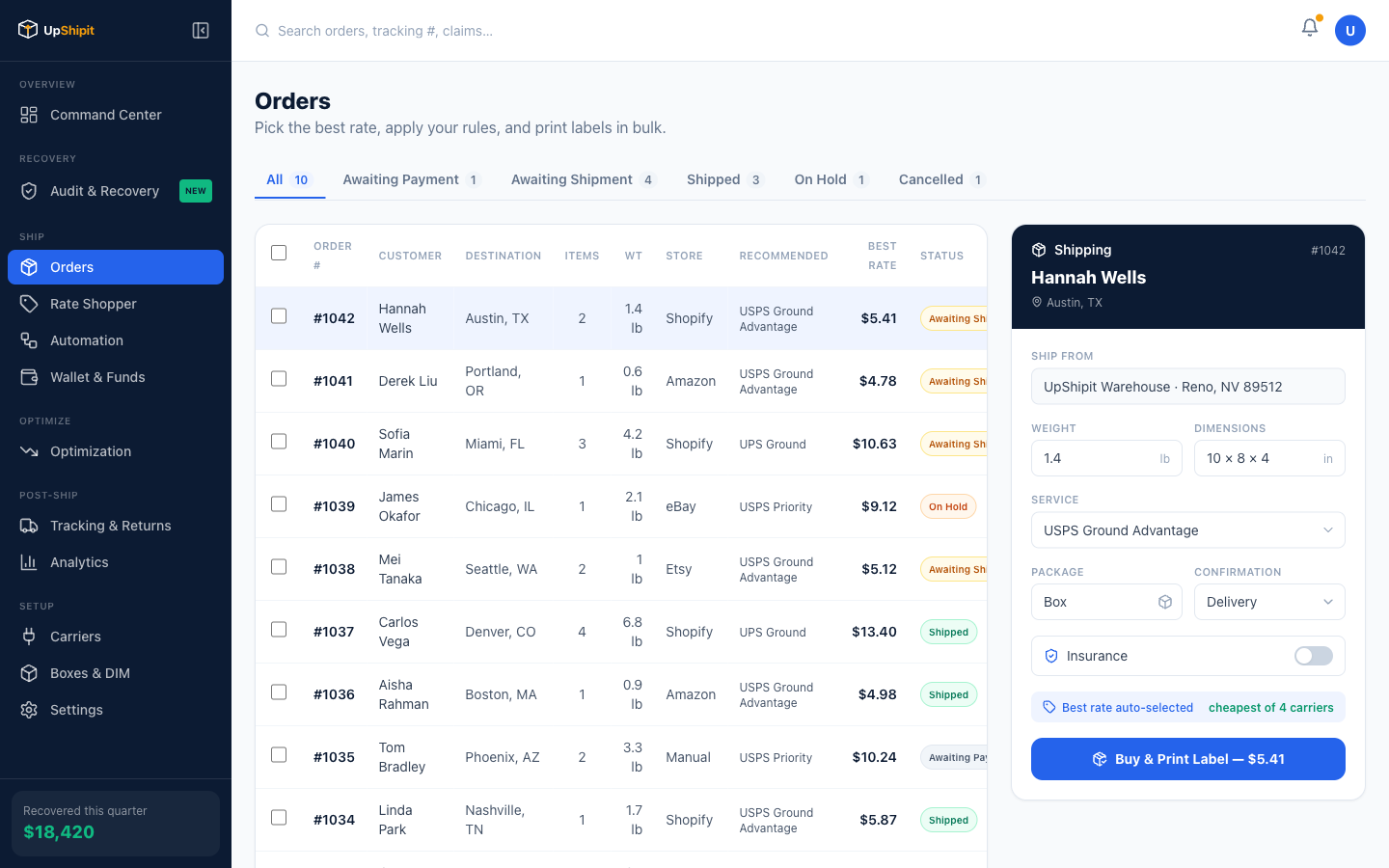 UpShipit Orders grid — scan workflow and bulk label purchase