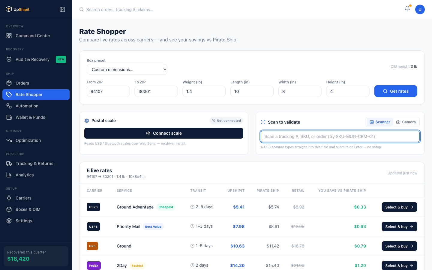 UpShipit Rate Shopper — USPS, UPS, FedEx, DHL rates compared side by side