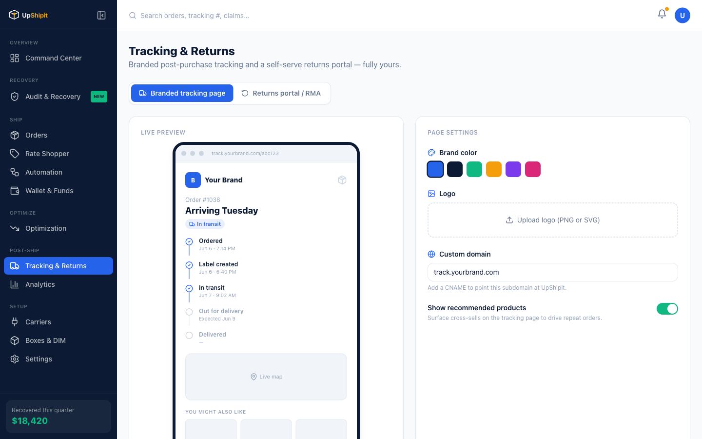 UpShipit Tracking & Returns — shipment status timeline and return label management