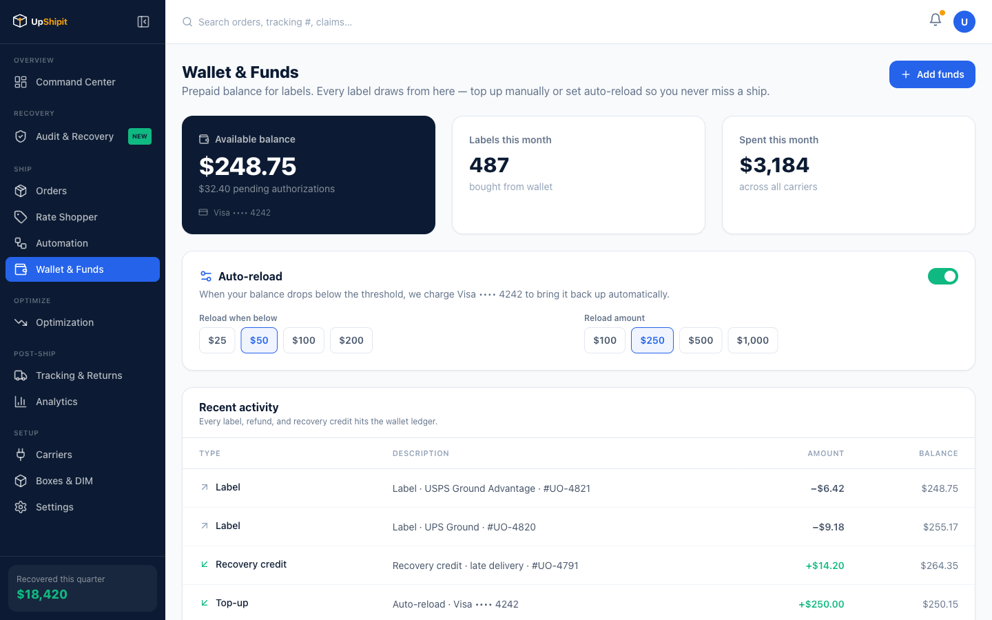 UpShipit Wallet — prepaid balance, spend history, and auto-reload settings