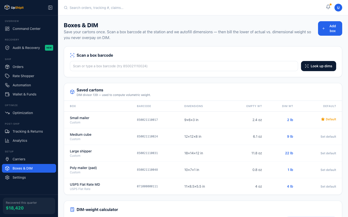 UpShipit Box Library — saved box dimensions for rate shopping and packing automation