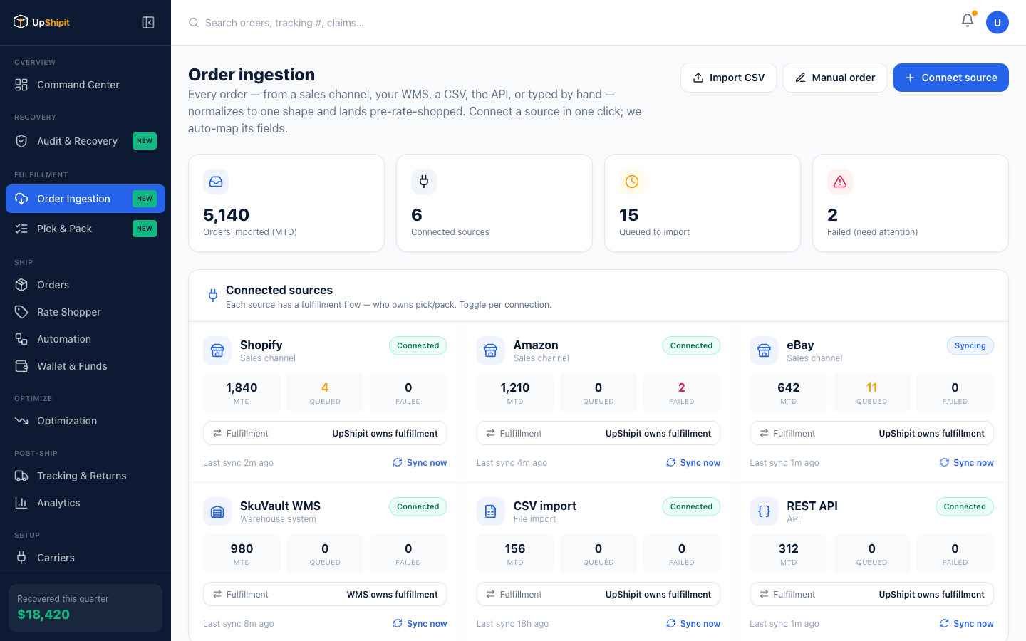 UpShipit Import — bulk order import via CSV, Shopify, WooCommerce