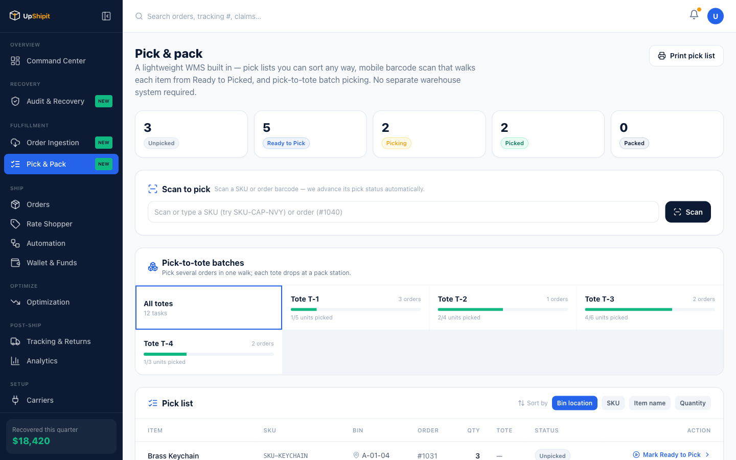 UpShipit Pick & Pack — barcode scan workflow, packing slip, and bin assignment